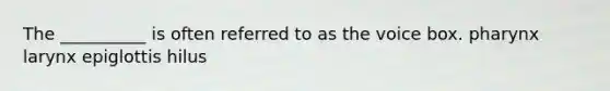 The __________ is often referred to as the voice box. pharynx larynx epiglottis hilus