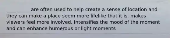 ____ _____ are often used to help create a sense of location and they can make a place seem more lifelike that it is. makes viewers feel more involved. Intensifies the mood of the moment and can enhance humerous or light moments