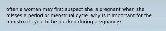 often a woman may first suspect she is pregnant when she misses a period or menstrual cycle. why is it important for the menstrual cycle to be blocked during pregnancy?