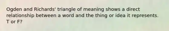 Ogden and Richards' triangle of meaning shows a direct relationship between a word and the thing or idea it represents. T or F?