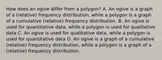 How does an ogive differ from a polygon? A. An ogive is a graph of a (relative) frequency distribution, while a polygon is a graph of a cumulative (relative) frequency distribution. B. An ogive is used for quantitative data, while a polygon is used for qualitative data C. An ogive is used for qualitative data, while a polygon is used for quantitative data D. An ogive is a graph of a cumulative (relative) frequency distribution, while a polygon is a graph of a (relative) frequency distribution.