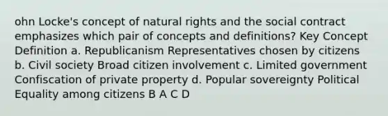 ohn Locke's concept of natural rights and the social contract emphasizes which pair of concepts and definitions? Key Concept Definition a. Republicanism Representatives chosen by citizens b. Civil society Broad citizen involvement c. Limited government Confiscation of private property d. Popular sovereignty Political Equality among citizens B A C D