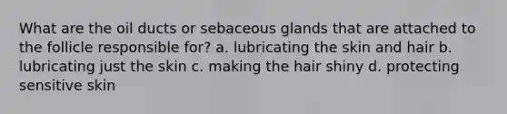 What are the oil ducts or sebaceous glands that are attached to the follicle responsible for? a. lubricating the skin and hair b. lubricating just the skin c. making the hair shiny d. protecting sensitive skin