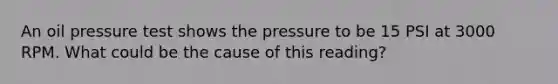 An oil pressure test shows the pressure to be 15 PSI at 3000 RPM. What could be the cause of this​ reading?