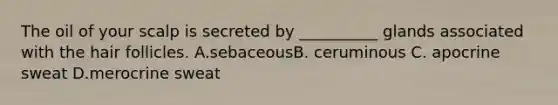The oil of your scalp is secreted by __________ glands associated with the hair follicles. A.sebaceousB. ceruminous C. apocrine sweat D.merocrine sweat