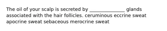 The oil of your scalp is secreted by _______________ glands associated with the hair follicles. ceruminous eccrine sweat apocrine sweat sebaceous merocrine sweat