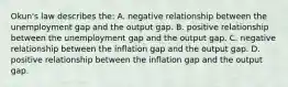 Okun's law describes​ the: A. negative relationship between the unemployment gap and the output gap. B. positive relationship between the unemployment gap and the output gap. C. negative relationship between the inflation gap and the output gap. D. positive relationship between the inflation gap and the output gap.