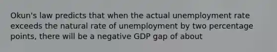 Okun's law predicts that when the actual unemployment rate exceeds the natural rate of unemployment by two percentage points, there will be a negative GDP gap of about