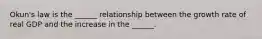 Okun's law is the ______ relationship between the growth rate of real GDP and the increase in the ______.