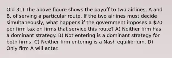 Old 31) The above figure shows the payoff to two airlines, A and B, of serving a particular route. If the two airlines must decide simultaneously, what happens if the government imposes a 20 per firm tax on firms that service this route? A) Neither firm has a dominant strategy. B) Not entering is a dominant strategy for both firms. C) Neither firm entering is a Nash equilibrium. D) Only firm A will enter.