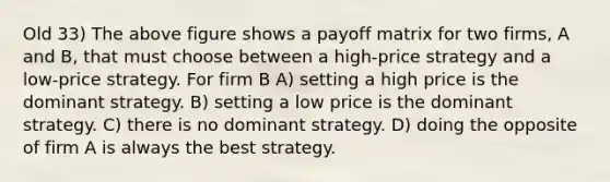 Old 33) The above figure shows a payoff matrix for two firms, A and B, that must choose between a high-price strategy and a low-price strategy. For firm B A) setting a high price is the dominant strategy. B) setting a low price is the dominant strategy. C) there is no dominant strategy. D) doing the opposite of firm A is always the best strategy.