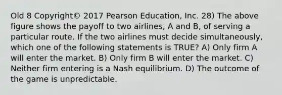 Old 8 Copyright© 2017 Pearson Education, Inc. 28) The above figure shows the payoff to two airlines, A and B, of serving a particular route. If the two airlines must decide simultaneously, which one of the following statements is TRUE? A) Only firm A will enter the market. B) Only firm B will enter the market. C) Neither firm entering is a Nash equilibrium. D) The outcome of the game is unpredictable.