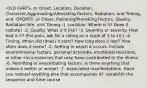 -OLD CARTS, or Onset, Location, Duration, Character,Aggravating/Alleviating Factors, Radiation, and Timing, and -OPQRST, or Onset, Palliating/Provoking Factors, Quality, Radiation,Site, and Timing -1. Location. Where is it? Does it radiate? -2. Quality. What is it like? -3. Quantity or severity. How bad is it? (For pain, ask for a rating on a scale of 1 to 10.) -4. Timing. When did (does) it start? How long does it last? How often does it come? -5. Setting in which it occurs. Include environmental factors, personal activities, emotional reactions, or other circumstances that may have contributed to the illness. -6. Remitting or exacerbating factors. Is there anything that makes it better or worse? -7. Associated manifestations. Have you noticed anything else that accompanies it? -establish the sequence and time course