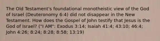 The Old Testament's foundational monotheistic view of the God of Israel (Deuteronomy 6:4) did not disappear in the New Testament. How does the Gospel of John testify that Jesus is the God of Israel? ("I AM": Exodus 3:14; Isaiah 41:4; 43:10; 46:4; John 4:26; 8:24; 8:28; 8:58; 13:19)