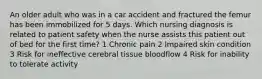 An older adult who was in a car accident and fractured the femur has been immobilized for 5 days. Which nursing diagnosis is related to patient safety when the nurse assists this patient out of bed for the first time? 1 Chronic pain 2 Impaired skin condition 3 Risk for ineffective cerebral tissue bloodflow 4 Risk for inability to tolerate activity