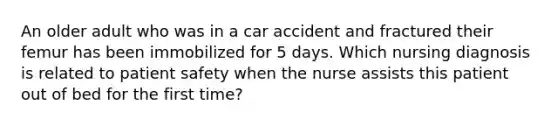 An older adult who was in a car accident and fractured their femur has been immobilized for 5 days. Which nursing diagnosis is related to patient safety when the nurse assists this patient out of bed for the first time?