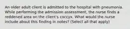 An older adult client is admitted to the hospital with pneumonia. While performing the admission assessment, the nurse finds a reddened area on the client's coccyx. What would the nurse include about this finding in notes? (Select all that apply)