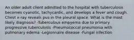 An older adult client admitted to the hospital with tuberculosis becomes cyanotic, tachycardic, and develops a fever and cough. Chest x-ray reveals pus in the pleural space. What is the most likely diagnosis? -Tuberculous empyema due to primary progressive tuberculosis -Pneumococcal pneumonia with pulmonary edema -Legionnaire disease -Fungal infection