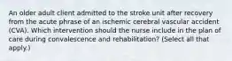 An older adult client admitted to the stroke unit after recovery from the acute phrase of an ischemic cerebral vascular accident (CVA). Which intervention should the nurse include in the plan of care during convalescence and rehabilitation? (Select all that apply.)