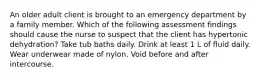 An older adult client is brought to an emergency department by a family member. Which of the following assessment findings should cause the nurse to suspect that the client has hypertonic dehydration? Take tub baths daily. Drink at least 1 L of fluid daily. Wear underwear made of nylon. Void before and after intercourse.