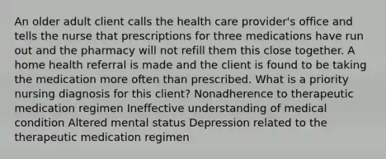 An older adult client calls the health care provider's office and tells the nurse that prescriptions for three medications have run out and the pharmacy will not refill them this close together. A home health referral is made and the client is found to be taking the medication more often than prescribed. What is a priority nursing diagnosis for this client? Nonadherence to therapeutic medication regimen Ineffective understanding of medical condition Altered mental status Depression related to the therapeutic medication regimen