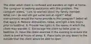 The older adult client is confused and wanders at night at home. The caregiver is seeking assistance with this problem. The caregiver states, "I am so worried about my family member. What can I do and still get some rest at night?" What instruction(s) would the nurse provide to the caregiver? Select all that apply. A. Reduce stimulation, noise, and light a few hours prior to bedtime. B. Provide low lights in the rooms in which the client may wander. C. Encourage the client to toilet prior to bedtime. D. Have the client exercise in the evening to ensure the client is tired at hours of sleep. E. Place locks on any doors to the outside that the client would be able to open.