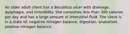 An older adult client has a decubitus ulcer with drainage, dysphagia, and immobility. She consumes less than 300 calories per day and has a large amount of interstitial fluid. The client is in a state of: negative nitrogen balance. digestion. anabolism. positive nitrogen balance.