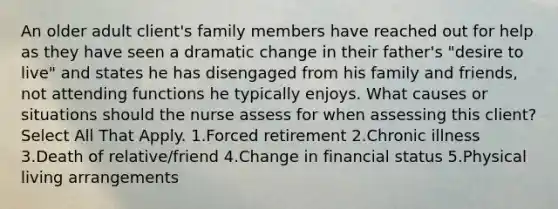 An older adult client's family members have reached out for help as they have seen a dramatic change in their father's "desire to live" and states he has disengaged from his family and friends, not attending functions he typically enjoys. What causes or situations should the nurse assess for when assessing this client? Select All That Apply. 1.Forced retirement 2.Chronic illness 3.Death of relative/friend 4.Change in financial status 5.Physical living arrangements