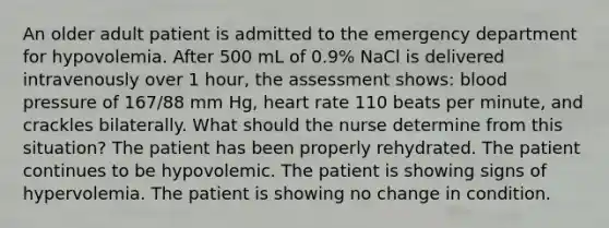 An older adult patient is admitted to the emergency department for hypovolemia. After 500 mL of 0.9% NaCl is delivered intravenously over 1 hour, the assessment shows: blood pressure of 167/88 mm Hg, heart rate 110 beats per minute, and crackles bilaterally. What should the nurse determine from this situation? The patient has been properly rehydrated. The patient continues to be hypovolemic. The patient is showing signs of hypervolemia. The patient is showing no change in condition.