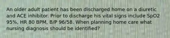 An older adult patient has been discharged home on a diuretic and ACE inhibitor. Prior to discharge his vital signs include SpO2 95%, HR 80 BPM, B/P 96/58. When planning home care what nursing diagnosis should be identified?