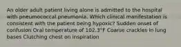 An older adult patient living alone is admitted to the hospital with pneumococcal pneumonia. Which clinical manifestation is consistent with the patient being hypoxic? Sudden onset of confusion Oral temperature of 102.3°F Coarse crackles in lung bases Clutching chest on inspiration