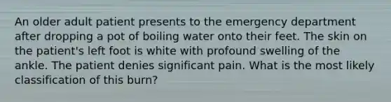 An older adult patient presents to the emergency department after dropping a pot of boiling water onto their feet. The skin on the patient's left foot is white with profound swelling of the ankle. The patient denies significant pain. What is the most likely classification of this burn?