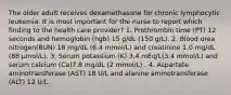 The older adult receives dexamethasone for chronic lymphocytic leukemia. It is most important for the nurse to report which finding to the health care provider? 1. Prothrombin time (PT) 12 seconds and hemoglobin (hgb) 15 g/dL (150 g/L). 2. Blood urea nitrogen(BUN) 18 mg/dL (6.4 mmol/L) and creatinine 1.0 mg/dL (88 µmol/L). 3. Serum potassium (K) 3.4 mEq/L(3.4 mmol/L) and serum calcium (Ca)7.8 mg/dL (2 mmol/L) . 4. Aspartate aminotransferase (AST) 18 U/L and alanine aminotransferase (ALT) 12 U/L.