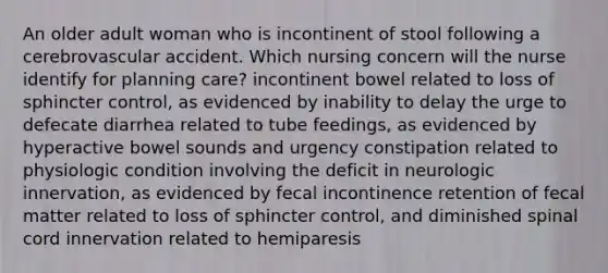 An older adult woman who is incontinent of stool following a cerebrovascular accident. Which nursing concern will the nurse identify for planning care? incontinent bowel related to loss of sphincter control, as evidenced by inability to delay the urge to defecate diarrhea related to tube feedings, as evidenced by hyperactive bowel sounds and urgency constipation related to physiologic condition involving the deficit in neurologic innervation, as evidenced by fecal incontinence retention of fecal matter related to loss of sphincter control, and diminished spinal cord innervation related to hemiparesis