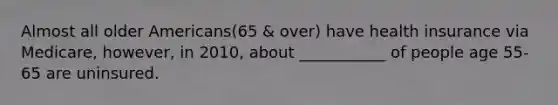 Almost all older Americans(65 & over) have health insurance via Medicare, however, in 2010, about ___________ of people age 55-65 are uninsured.