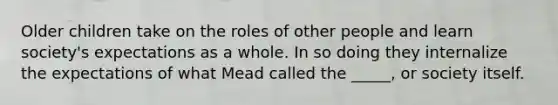 Older children take on the roles of other people and learn society's expectations as a whole. In so doing they internalize the expectations of what Mead called the _____, or society itself.