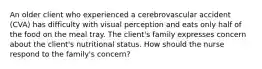 An older client who experienced a cerebrovascular accident (CVA) has difficulty with visual perception and eats only half of the food on the meal tray. The client's family expresses concern about the client's nutritional status. How should the nurse respond to the family's concern?