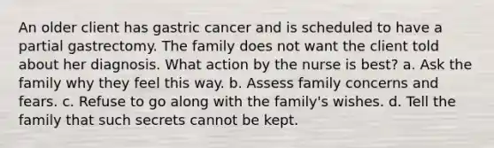 An older client has gastric cancer and is scheduled to have a partial gastrectomy. The family does not want the client told about her diagnosis. What action by the nurse is best? a. Ask the family why they feel this way. b. Assess family concerns and fears. c. Refuse to go along with the family's wishes. d. Tell the family that such secrets cannot be kept.