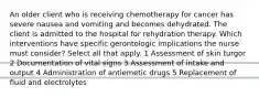 An older client who is receiving chemotherapy for cancer has severe nausea and vomiting and becomes dehydrated. The client is admitted to the hospital for rehydration therapy. Which interventions have specific gerontologic implications the nurse must consider? Select all that apply. 1 Assessment of skin turgor 2 Documentation of vital signs 3 Assessment of intake and output 4 Administration of antiemetic drugs 5 Replacement of fluid and electrolytes