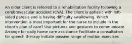 An older client is referred to a rehabilitation facility following a cerebrovascular accident (CVA). The client is aphasic with left-sided paresis and is having difficulty swallowing. Which intervention is most important for the nurse to include in the client's plan of care? Use pictures and gestures to communicate Arrange for daily home care assistance Facilitate a consultation for speech therapy Initiate passive range of motion exercises