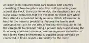 An older client requiring total care resides with a family consisting of two daughters who take shifts providing care around-the-clock. During a home visit, the daughters ask the nurse about resources that are available for client care while they attend a scheduled family reunion. Which information is best for the nurse to provide? a. Propose the family seek assistance for care int the area of the reunion's location b. Tell the caregivers to consider hiring a private duty nurse during the time away c. Advise to have a case management evaluation of the client's home environment d. Suggest social services be contacted to find a respite care facility for the client