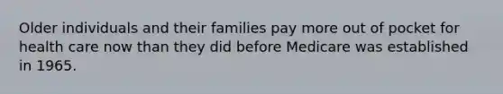 Older individuals and their families pay more out of pocket for health care now than they did before Medicare was established in 1965.