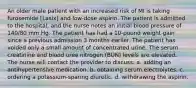 An older male patient with an increased risk of MI is taking furosemide [Lasix] and low-dose aspirin. The patient is admitted to the hospital, and the nurse notes an initial blood pressure of 140/80 mm Hg. The patient has had a 10-pound weight gain since a previous admission 3 months earlier. The patient has voided only a small amount of concentrated urine. The serum creatinine and blood urea nitrogen (BUN) levels are elevated. The nurse will contact the provider to discuss: a. adding an antihypertensive medication. b. obtaining serum electrolytes. c. ordering a potassium-sparing diuretic. d. withdrawing the aspirin.