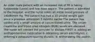 An older male patient with an increased risk of MI is taking furosemide [Lasix] and low-dose aspirin. The patient is admitted to the hospital, and the nurse notes an initial blood pressure of 140/80mm Hg. The patient has had a 10-pound weight gain since a previous admission 3 months earlier.The patient has voided only a small amount of concentrated urine. The serum creatinine and blood urea nitrogen (BUN) levels are elevated. The nurse will contact the provider to discuss FIRST: a. adding an antihypertensive medication b. obtaining serum electrolytes. c. ordering a potassium-sparing diuretic. d. withdrawing the aspirin.