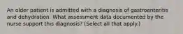 An older patient is admitted with a diagnosis of gastroenteritis and dehydration. What assessment data documented by the nurse support this diagnosis? (Select all that apply.)