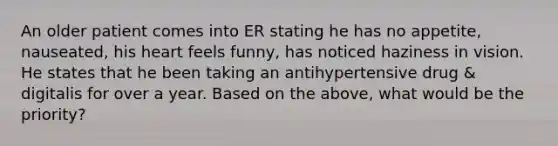 An older patient comes into ER stating he has no appetite, nauseated, his heart feels funny, has noticed haziness in vision. He states that he been taking an antihypertensive drug & digitalis for over a year. Based on the above, what would be the priority?