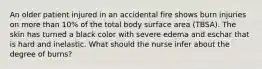 An older patient injured in an accidental fire shows burn injuries on more than 10% of the total body surface area (TBSA). The skin has turned a black color with severe edema and eschar that is hard and inelastic. What should the nurse infer about the degree of burns?