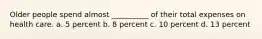 Older people spend almost __________ of their total expenses on health care. a. 5 percent b. 8 percent c. 10 percent d. 13 percent