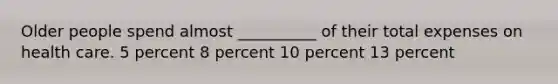 Older people spend almost __________ of their total expenses on health care. 5 percent 8 percent 10 percent 13 percent