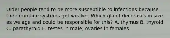 Older people tend to be more susceptible to infections because their immune systems get weaker. Which gland decreases in size as we age and could be responsible for this? A. thymus B. thyroid C. parathyroid E. testes in male; ovaries in females